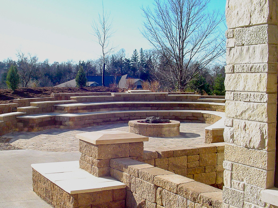 Forever Green Grows Coralville Iowa Fire Pits limestone seat wall retaining wall