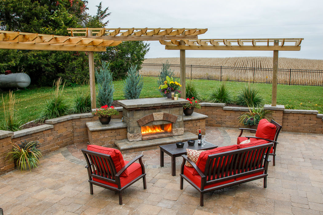 Forever Green Coralville Iowa Retaining Walls brick fireplace pergola plantings